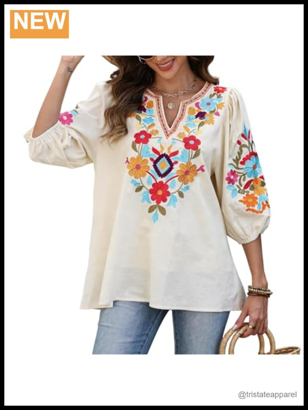 Women's Plus Size Mexican Floral Embroidered Peasant Top 3/4 Sleeve Boho